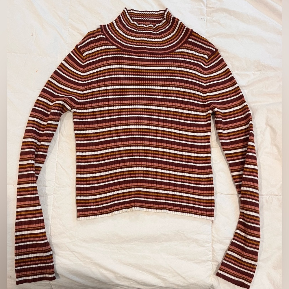 A stripped, long sleeve turtle neck, with warm tone colors!